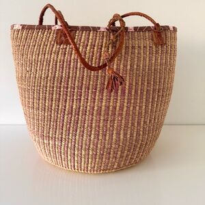 Handcrafted Sisal Straw Tote Bag Fully Lined in Brown, Pink and Tan, EUC